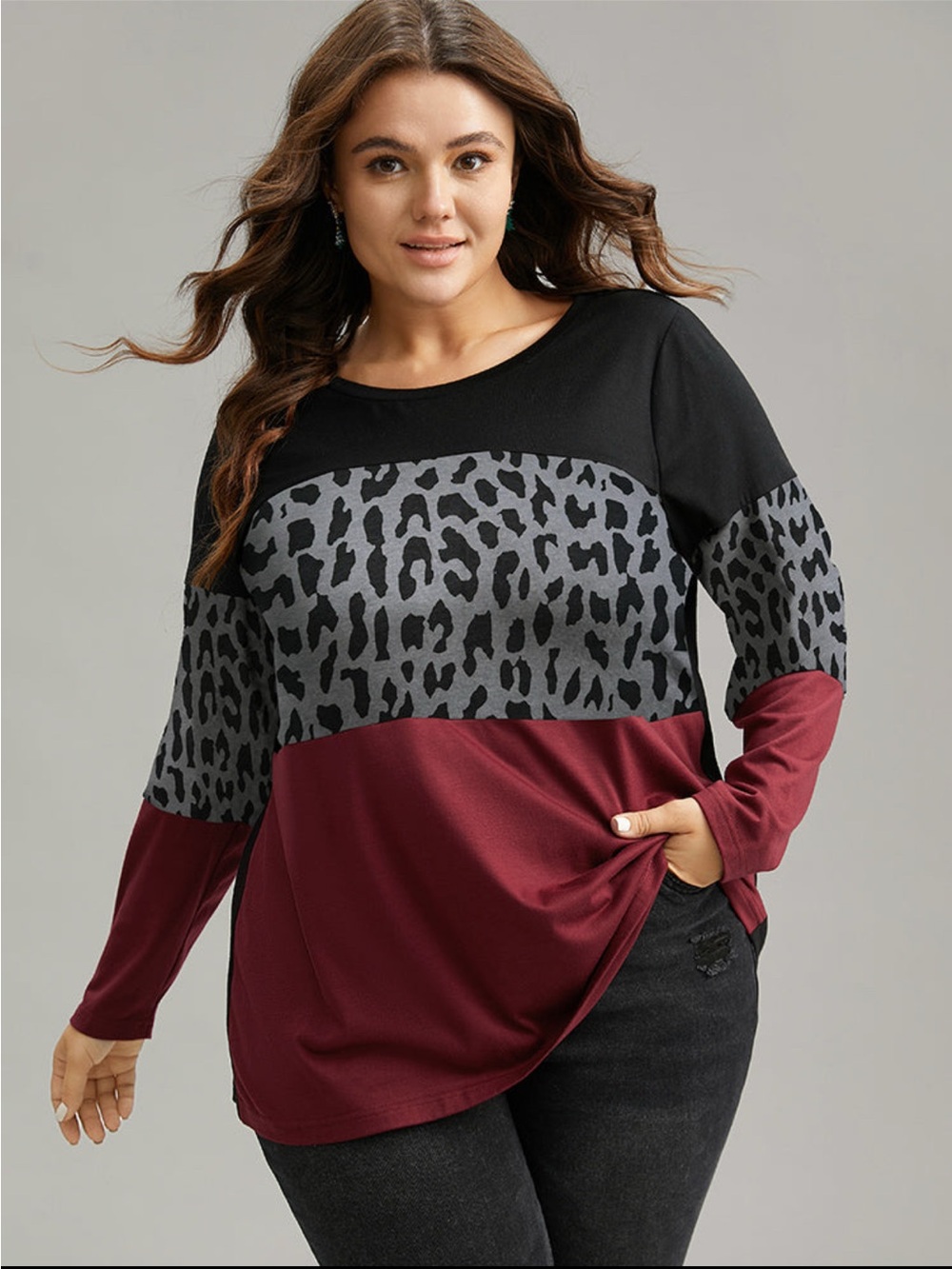 BloomChic Colorblock Leopard Print Long Sleeve Tee size 1X (14-16)